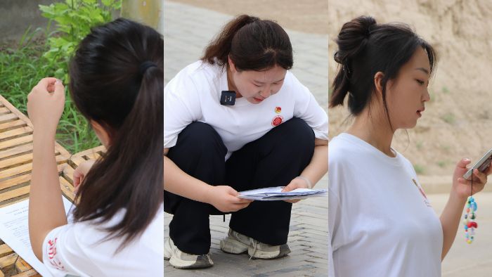 實(shí)踐團(tuán)成員認(rèn)真熟記視頻拍攝講解詞